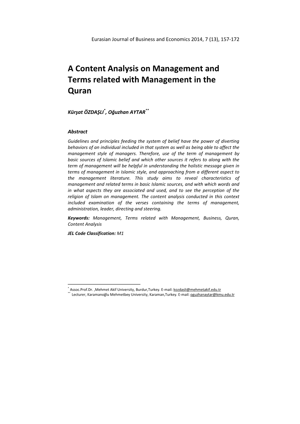 A Content Analysis on Management and Terms Related with Management in the Quran