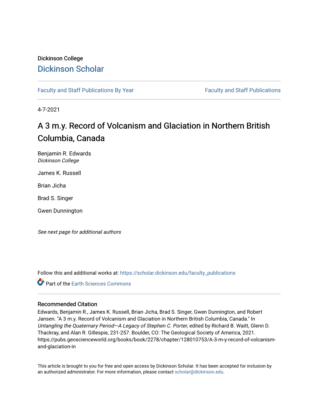 A 3 M.Y. Record of Volcanism and Glaciation in Northern British Columbia, Canada