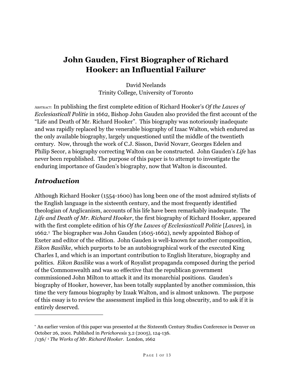 John Gauden, First Biographer of Richard Hooker: an Influential Failure*