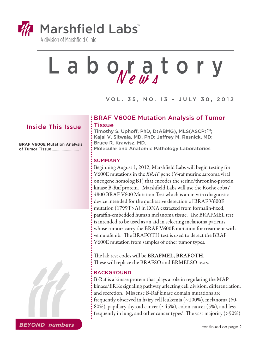 BRAF V600E Mutation Analysis of Tumor Tissue