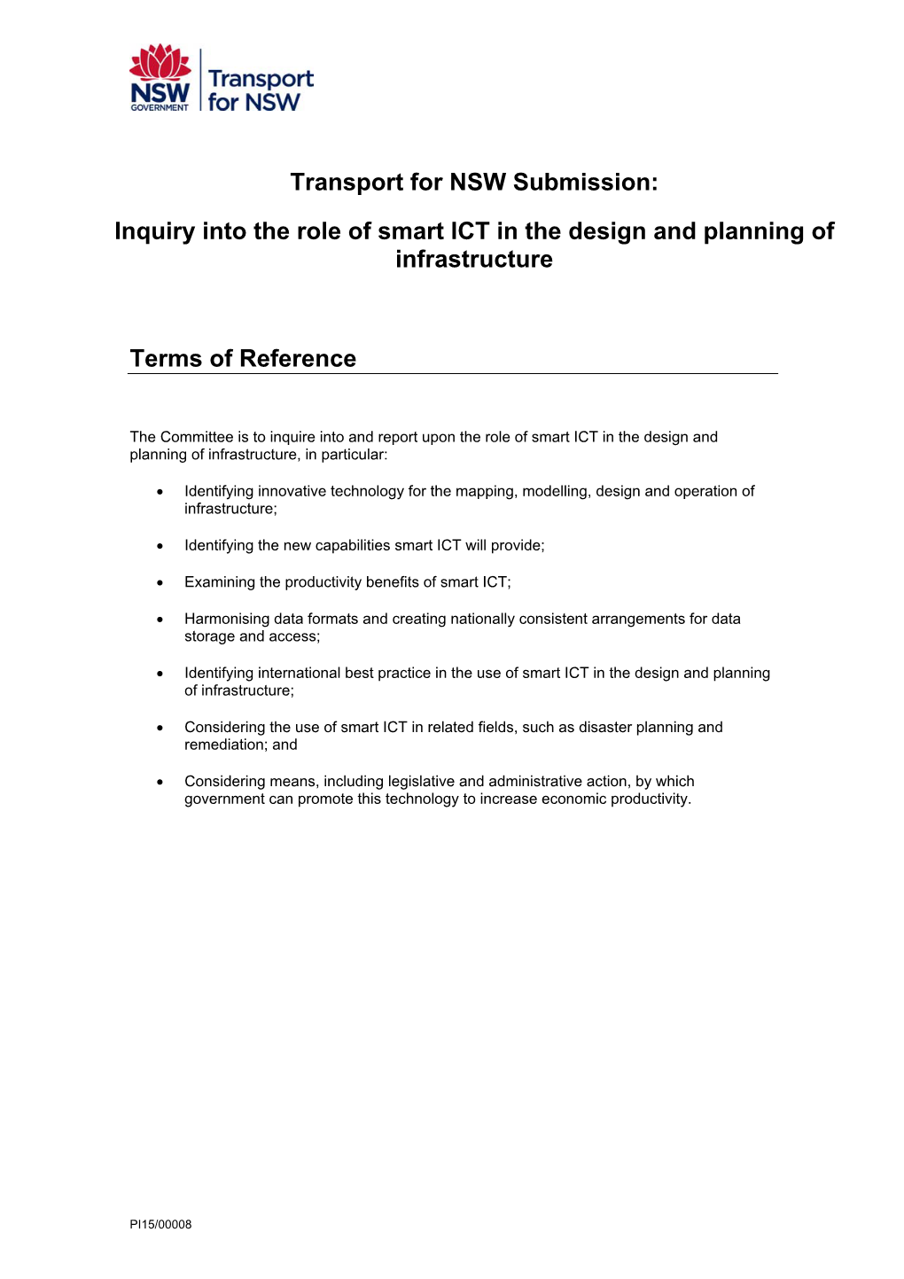 Transport for NSW Submission: Inquiry Into the Role of Smart ICT In