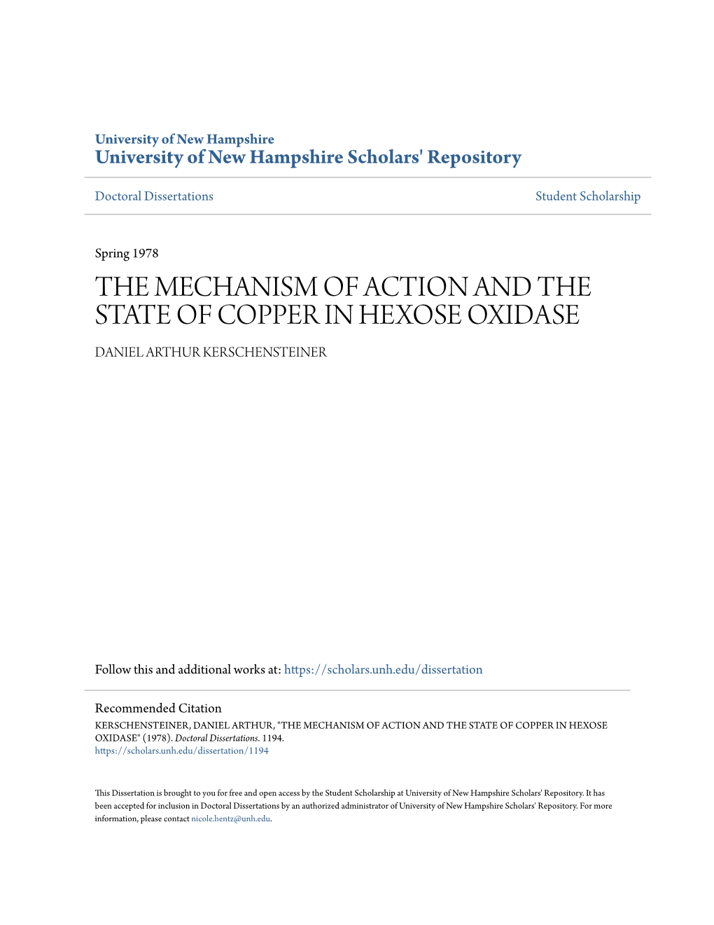 The Mechanism of Action and the State of Copper in Hexose Oxidase Daniel Arthur Kerschensteiner