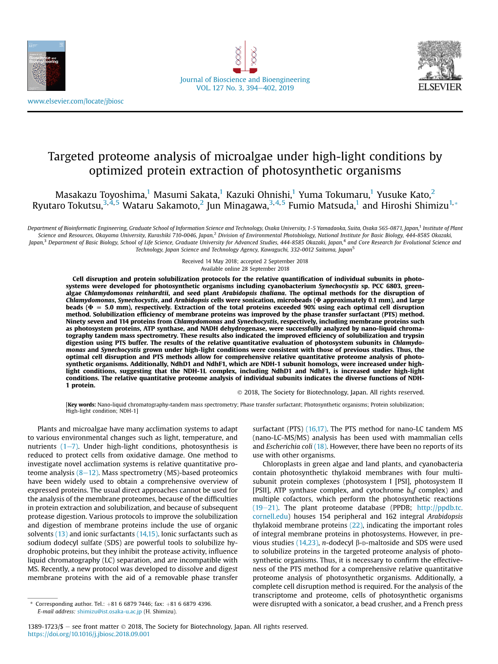 Targeted Proteome Analysis of Microalgae Under High-Light Conditions by Optimized Protein Extraction of Photosynthetic Organisms