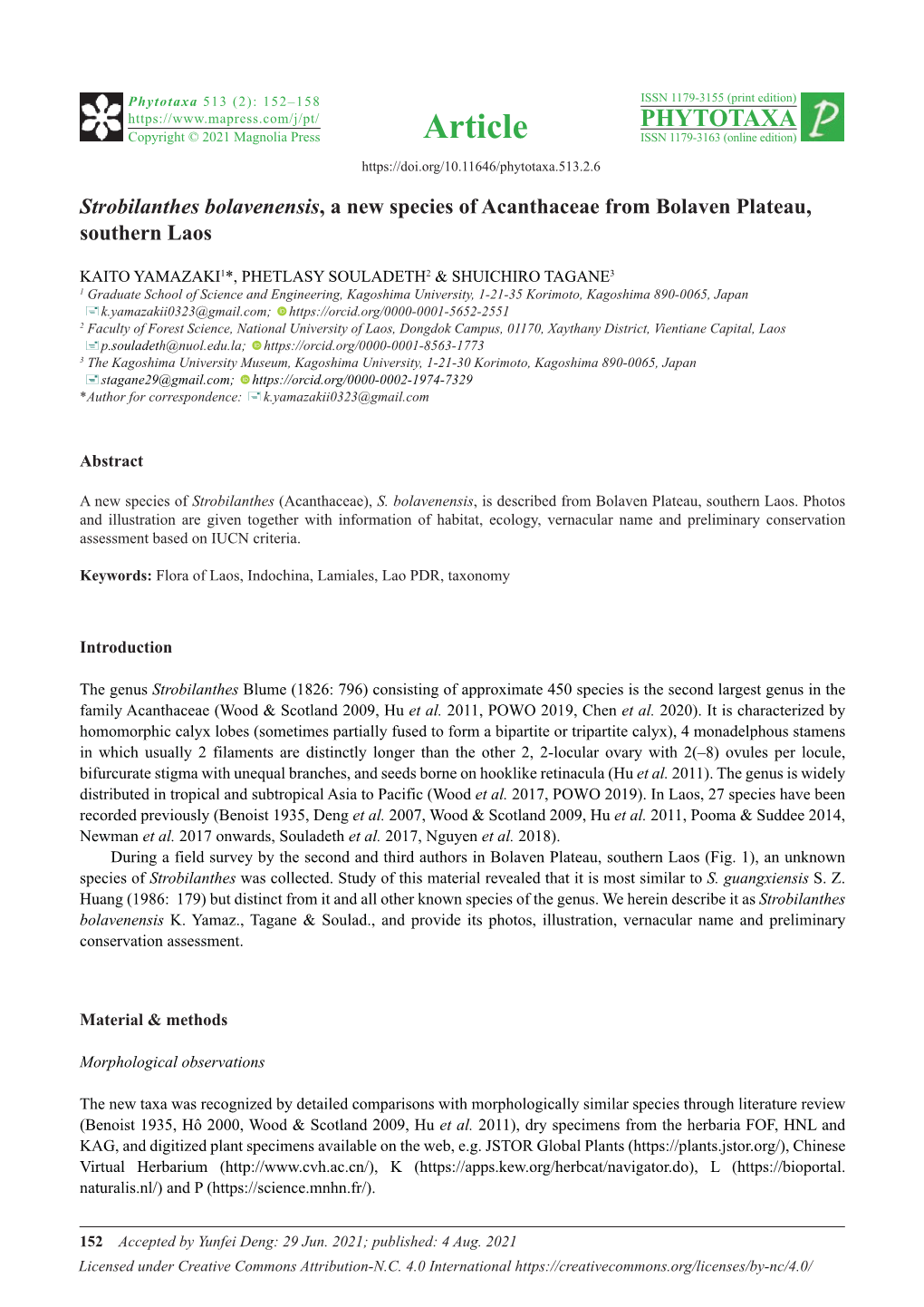 Strobilanthes Bolavenensis, a New Species of Acanthaceae from Bolaven Plateau, Southern Laos