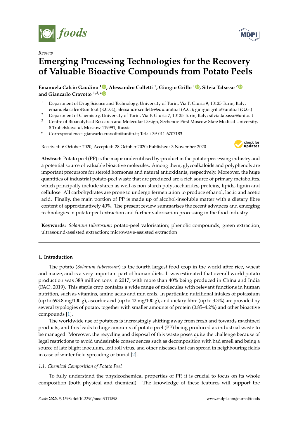 Emerging Processing Technologies for the Recovery of Valuable Bioactive Compounds from Potato Peels