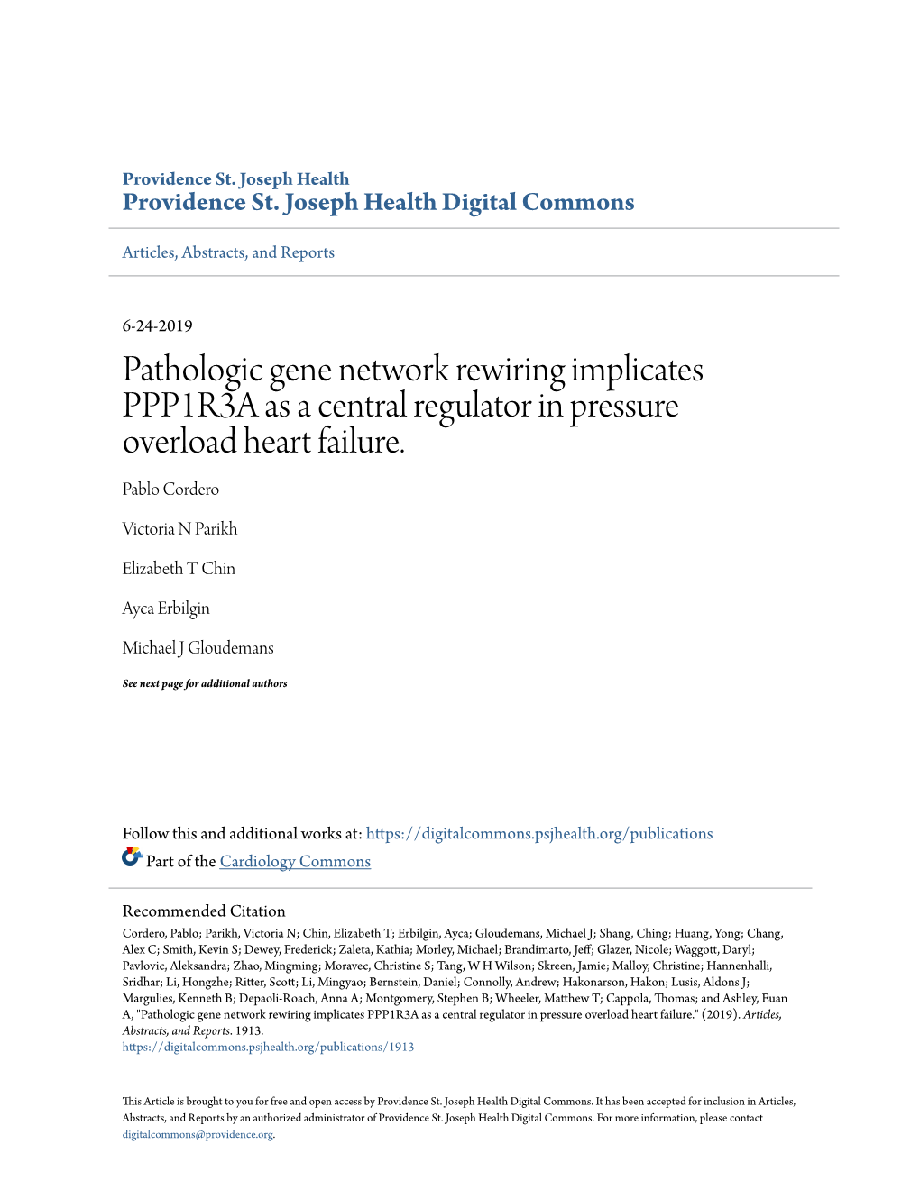 Pathologic Gene Network Rewiring Implicates PPP1R3A As a Central Regulator in Pressure Overload Heart Failure. Pablo Cordero