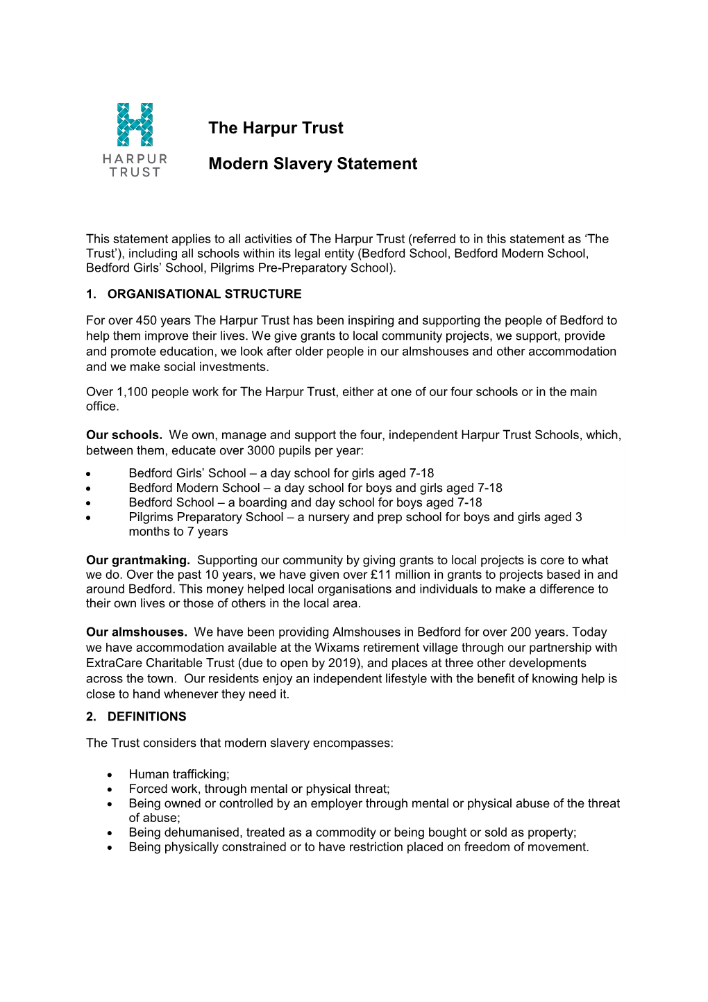 The Harpur Trust Modern Slavery Statement