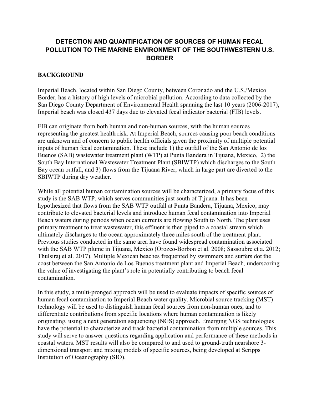 Detection and Quantification of Sources of Human Fecal Pollution to the Marine Environment of the Southwestern U.S