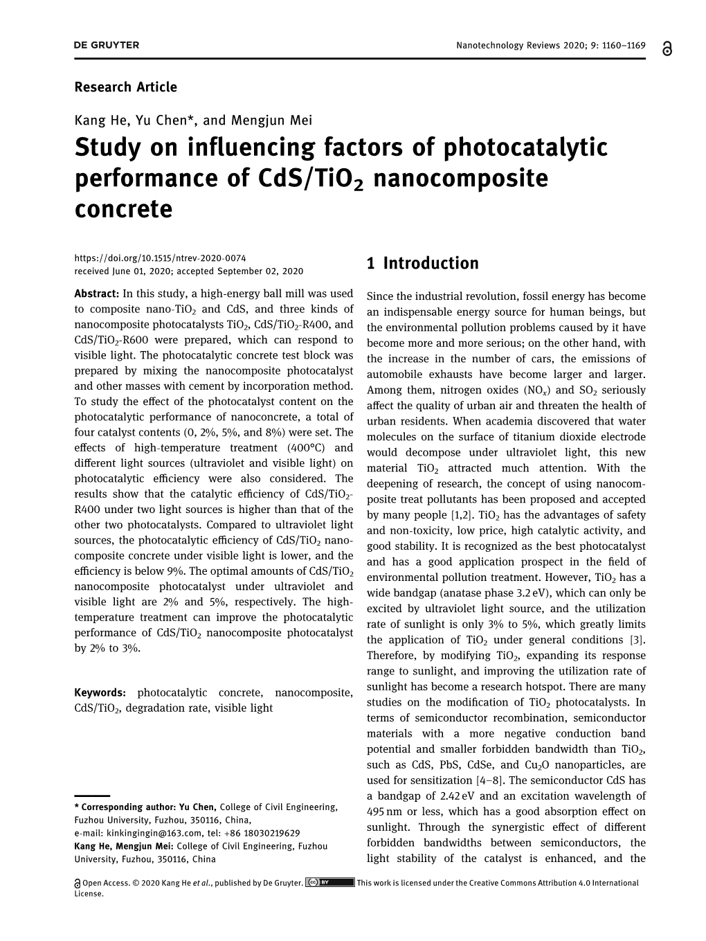 Study on Influencing Factors of Photocatalytic Performance of Cds/Tio2 Nanocomposite Concrete