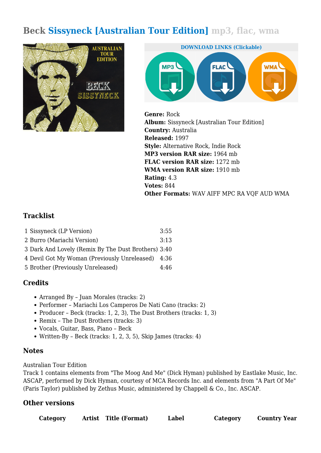 Beck Sissyneck [Australian Tour Edition] Mp3, Flac, Wma