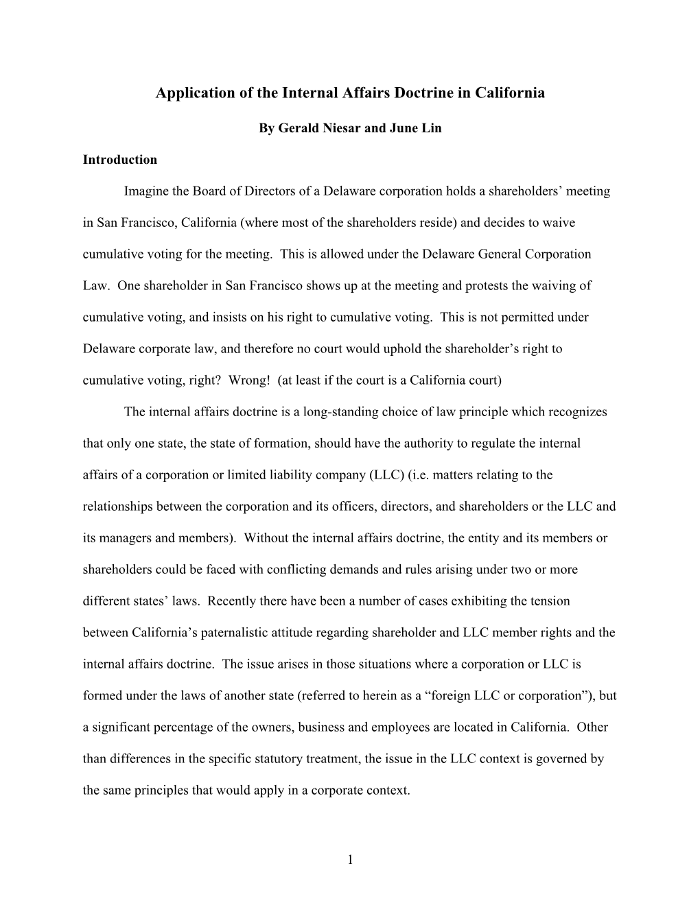 Application of the Internal Affairs Doctrine in California