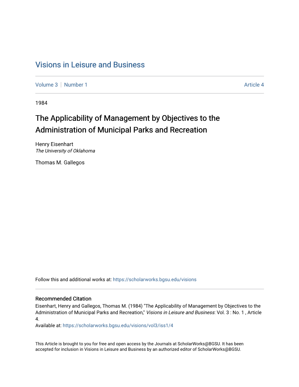 The Applicability of Management by Objectives to the Administration of Municipal Parks and Recreation