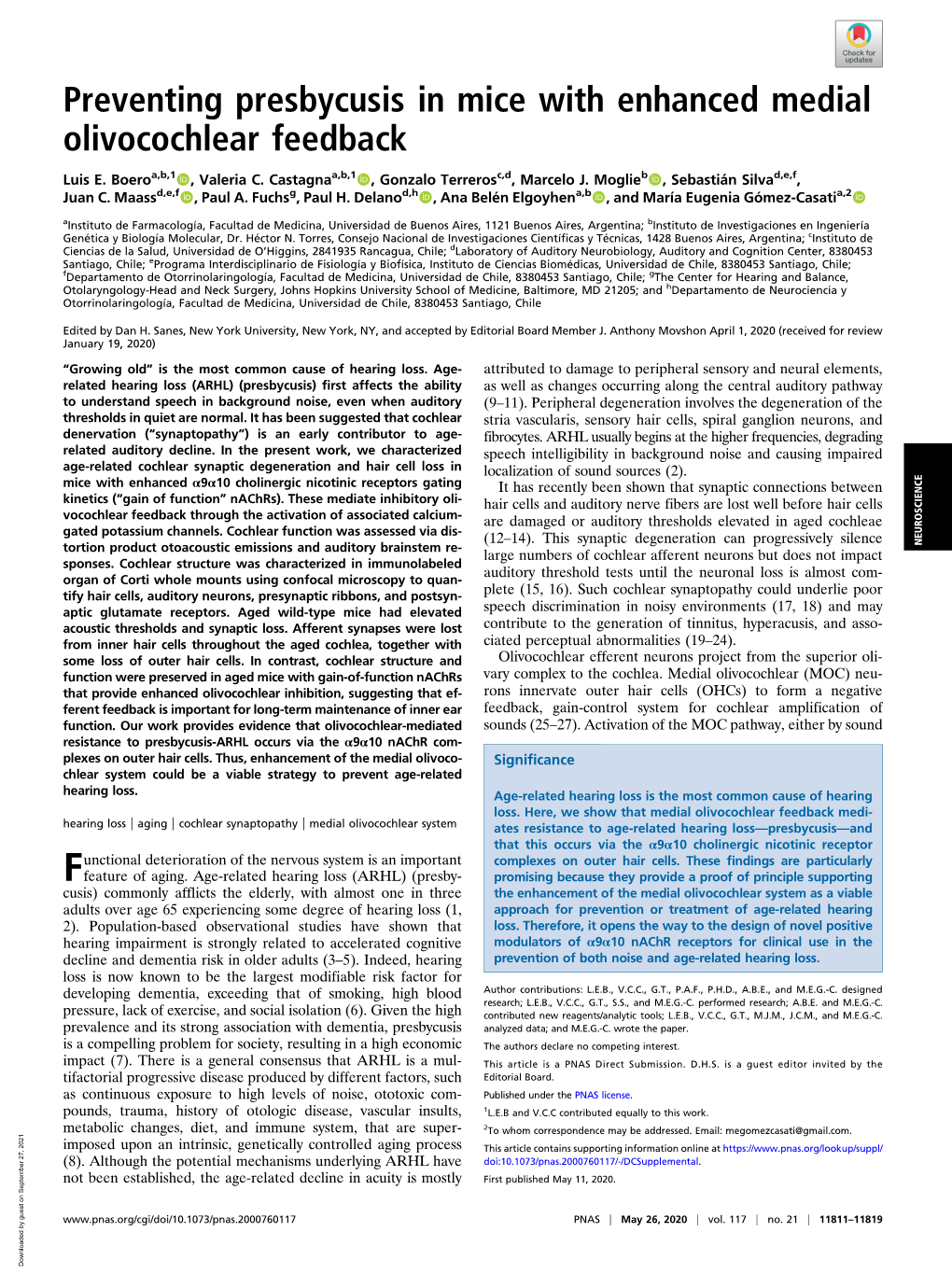 Preventing Presbycusis in Mice with Enhanced Medial Olivocochlear Feedback