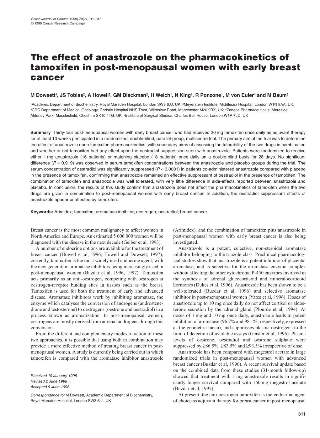 The Effect of Anastrozole on the Pharmacokinetics of Tamoxifen In