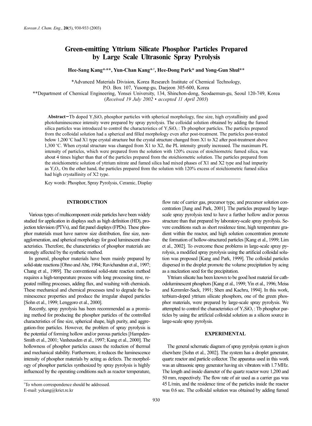 Green-Emitting Yttrium Silicate Phosphor Particles Prepared by Large Scale Ultrasonic Spray Pyrolysis