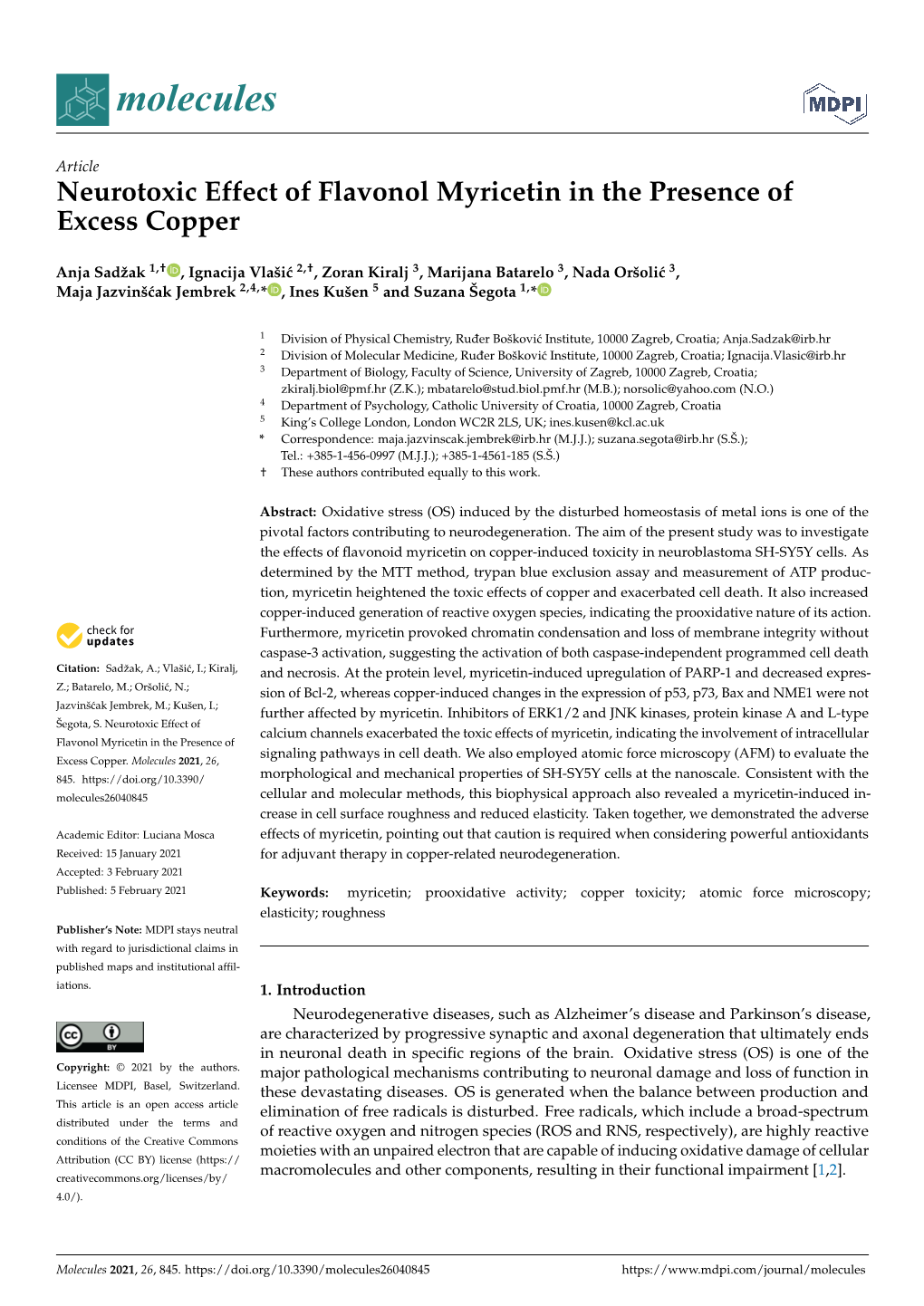 Neurotoxic Effect of Flavonol Myricetin in the Presence of Excess Copper