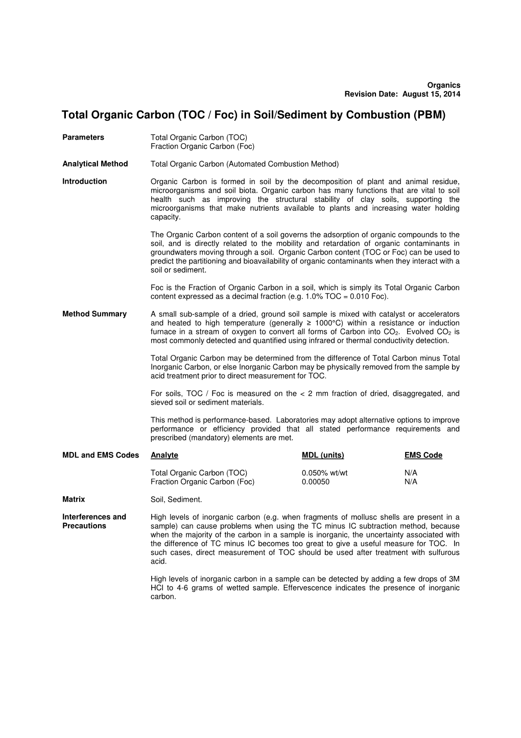 Total Organic Carbon (TOC / Foc) in Soil/Sediment by Combustion (PBM)