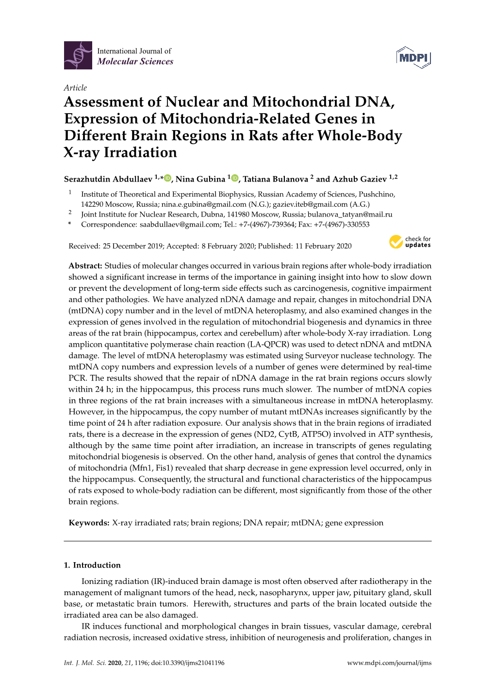 Assessment of Nuclear and Mitochondrial DNA, Expression of Mitochondria-Related Genes in Diﬀerent Brain Regions in Rats After Whole-Body X-Ray Irradiation