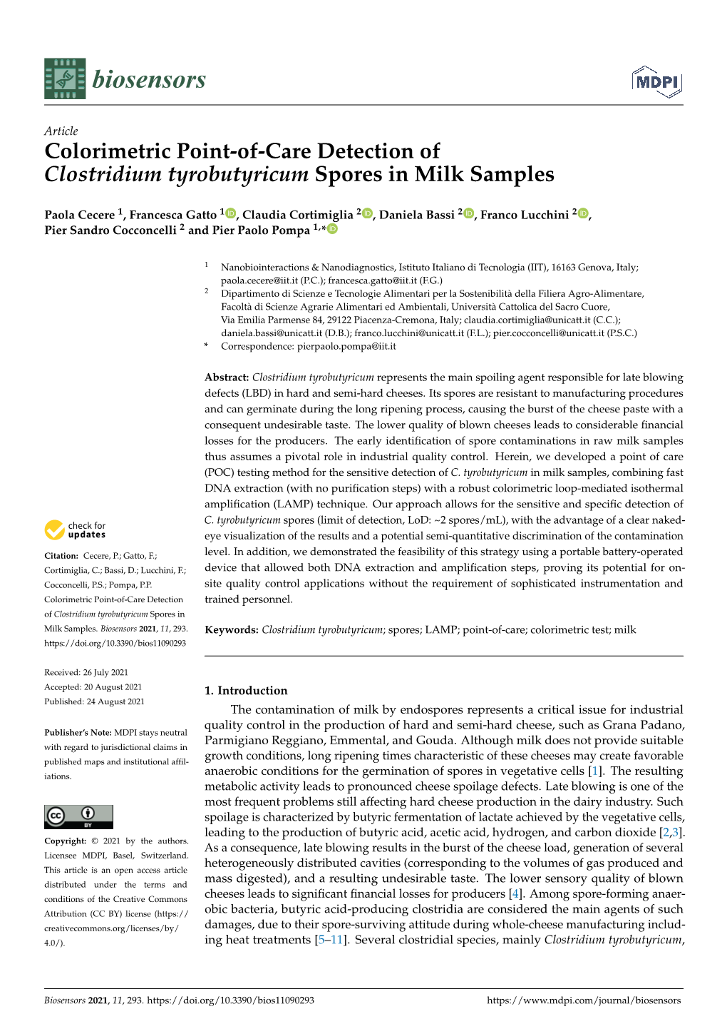 Colorimetric Point-Of-Care Detection of Clostridium Tyrobutyricum Spores in Milk Samples