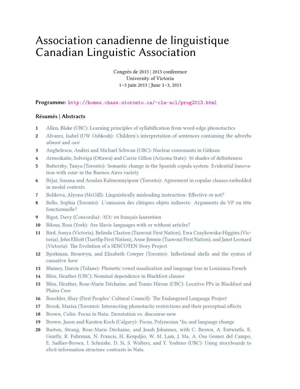 Association Canadienne De Linguistique Canadian Linguistic Association