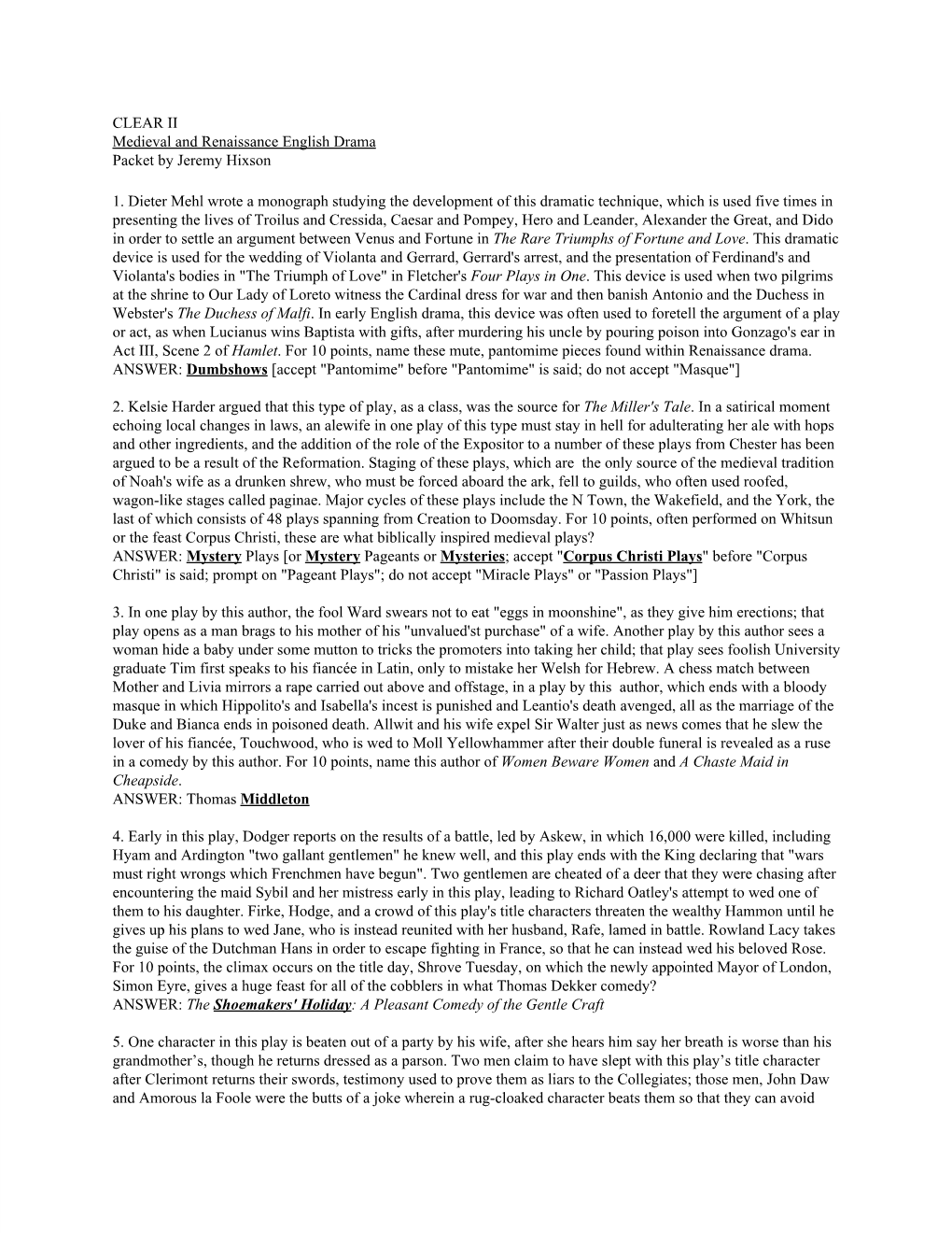 CLEAR II Medieval and Renaissance English Drama Packet by Jeremy Hixson