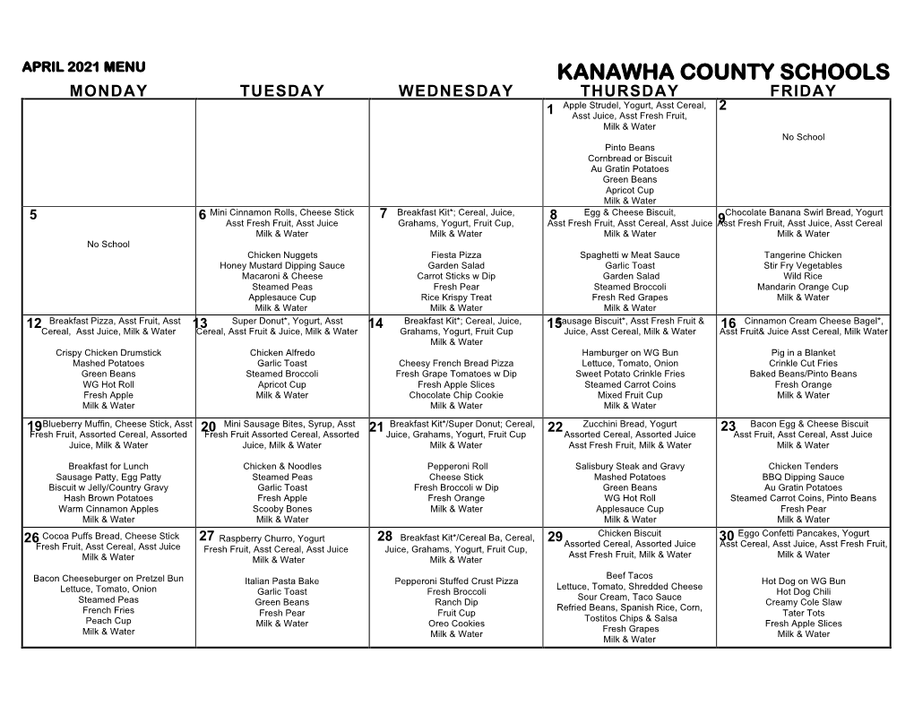 April 2021 Menu Kanawha County Schools