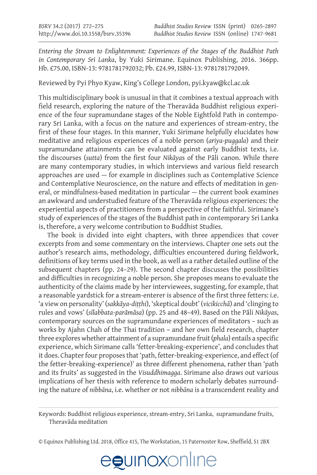 Entering the Stream to Enlightenment: Experiences of the Stages of the Buddhist Path in Contemporary Sri Lanka, by Yuki Sirimane