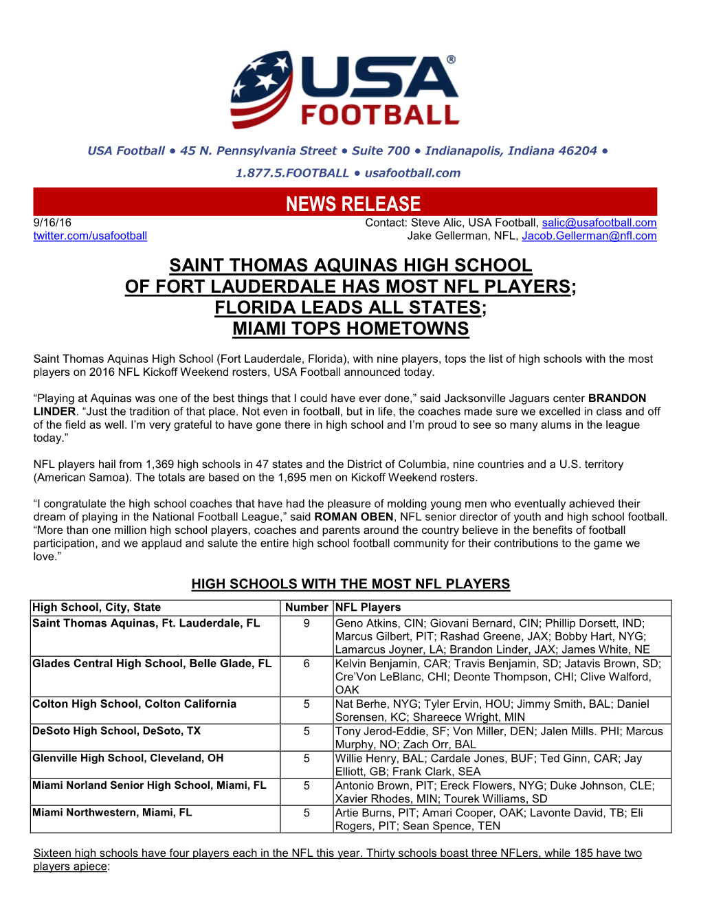 NEWS RELEASE 9/16/16 Contact: Steve Alic, USA Football, Salic@Usafootball.Com Twitter.Com/Usafootball Jake Gellerman, NFL, Jacob.Gellerman@Nfl.Com