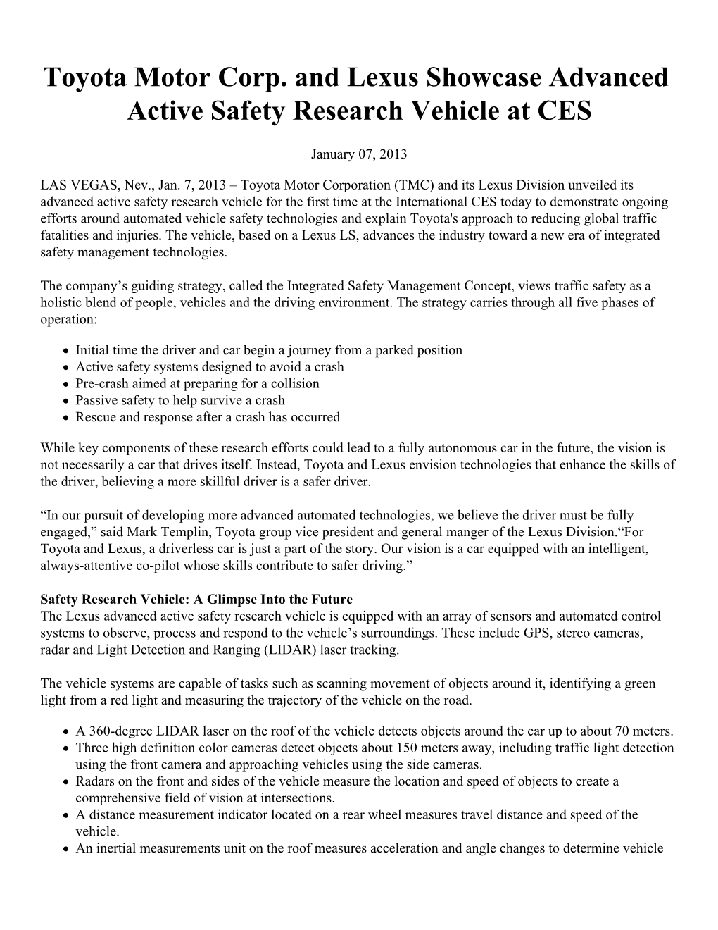 Toyota Motor Corp. and Lexus Showcase Advanced Active Safety Research Vehicle at CES