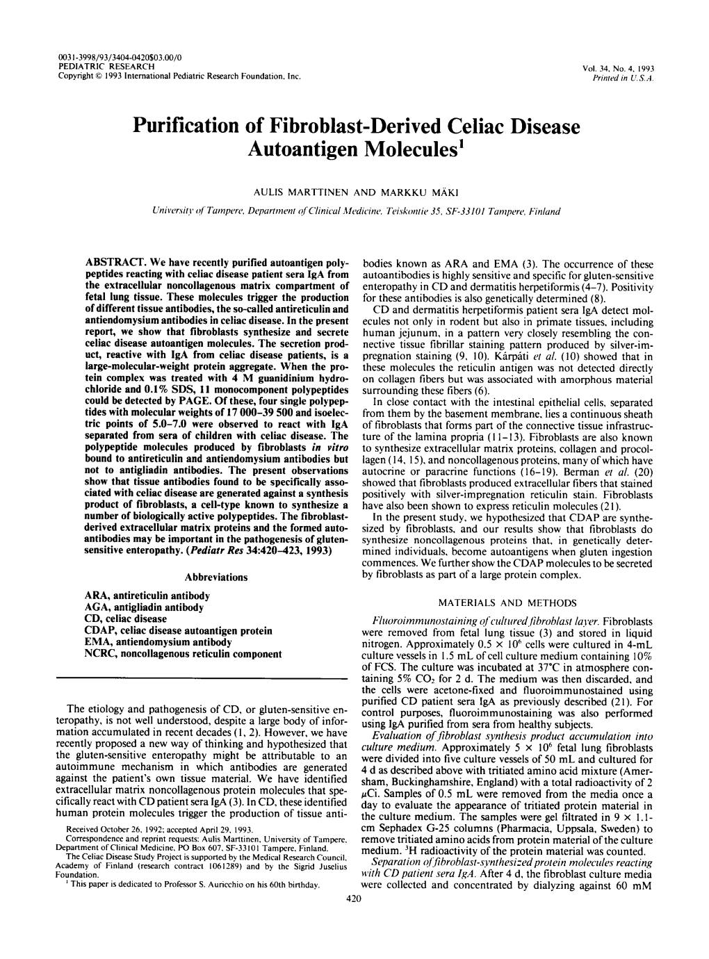 Purification of Fibroblast-Derived Celiac Disease Autoantigen Molecules1