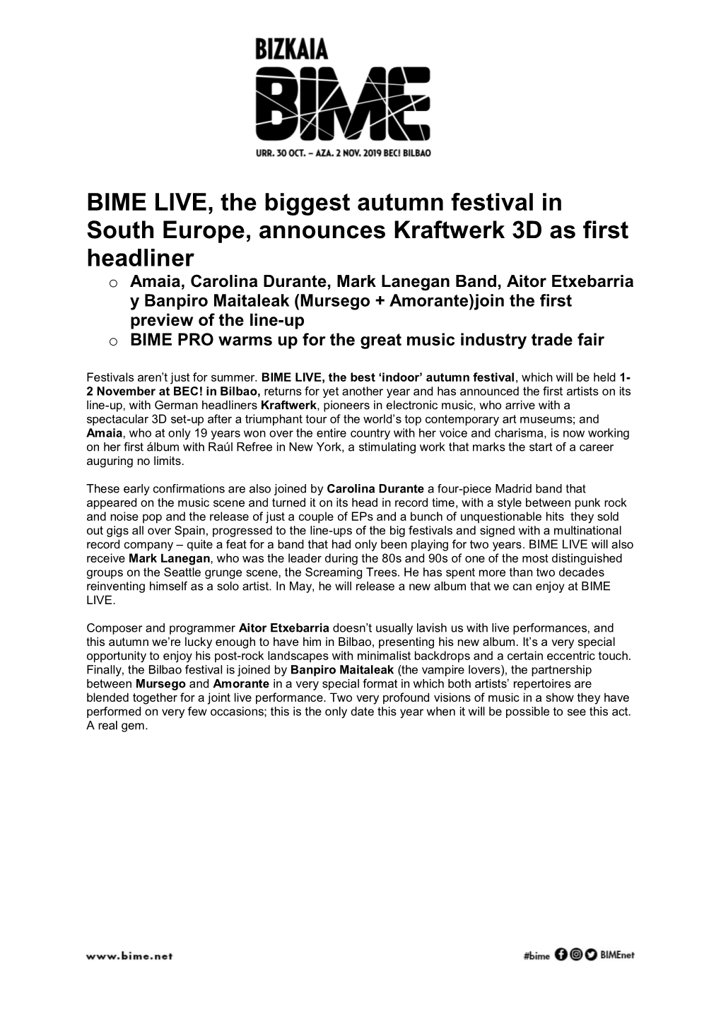 BIME LIVE, the Biggest Autumn Festival in South Europe, Announces