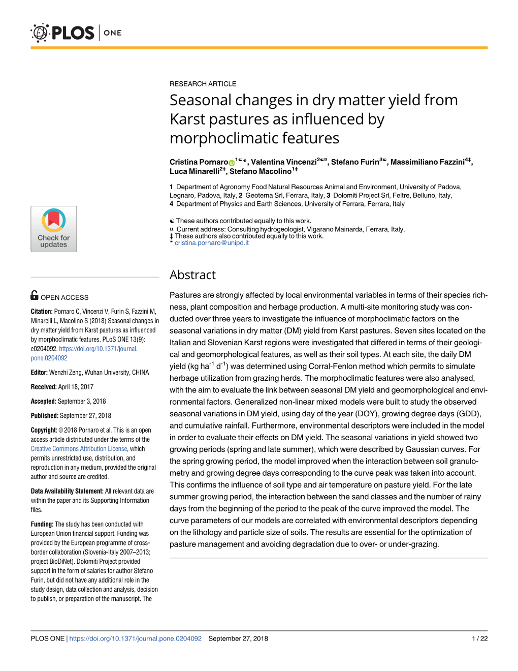 Seasonal Changes in Dry Matter Yield from Karst Pastures As Influenced by Morphoclimatic Features