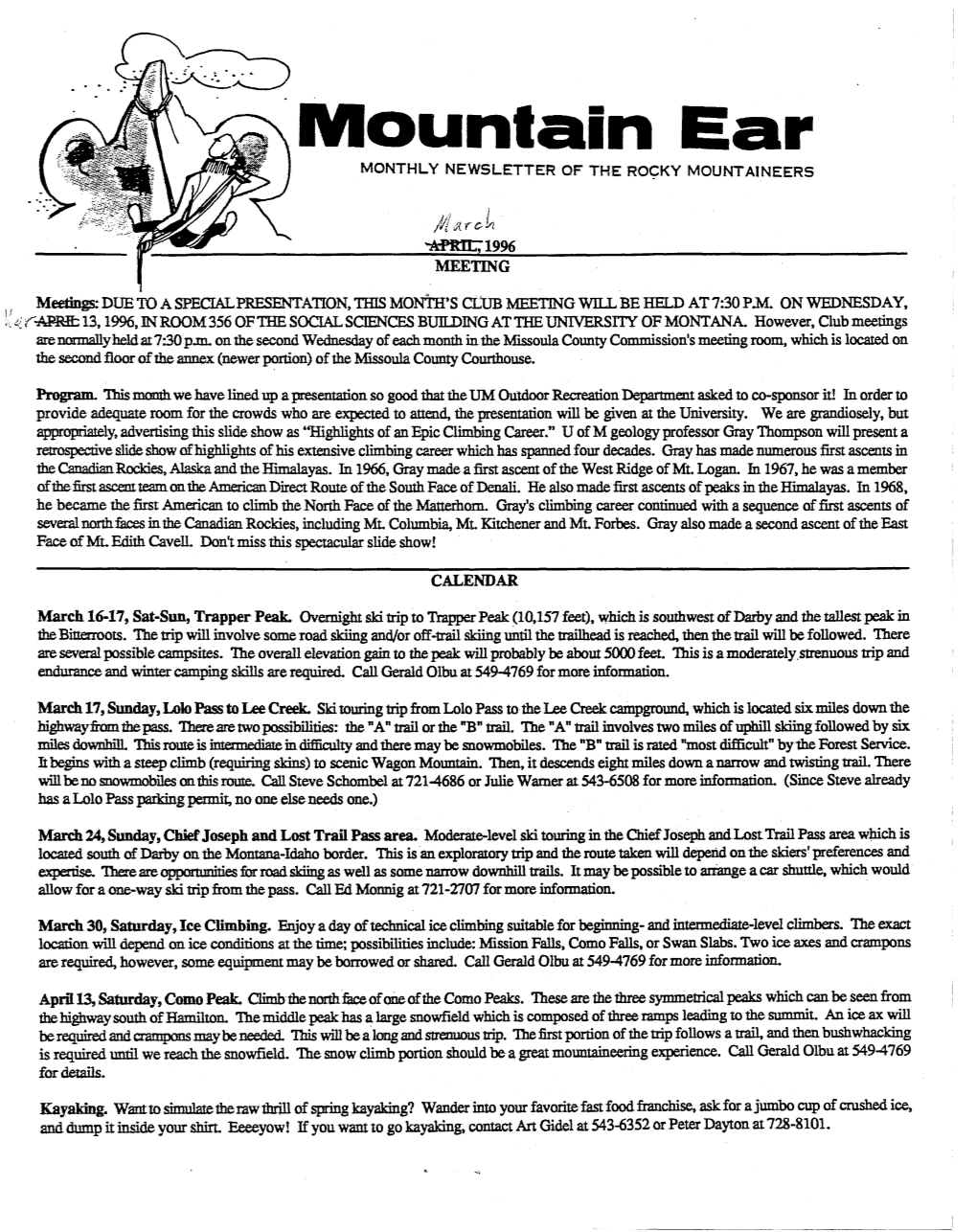 Mountain Ear MONTHLY NEWSLETTER of the ROCKY MOUNTAINEERS