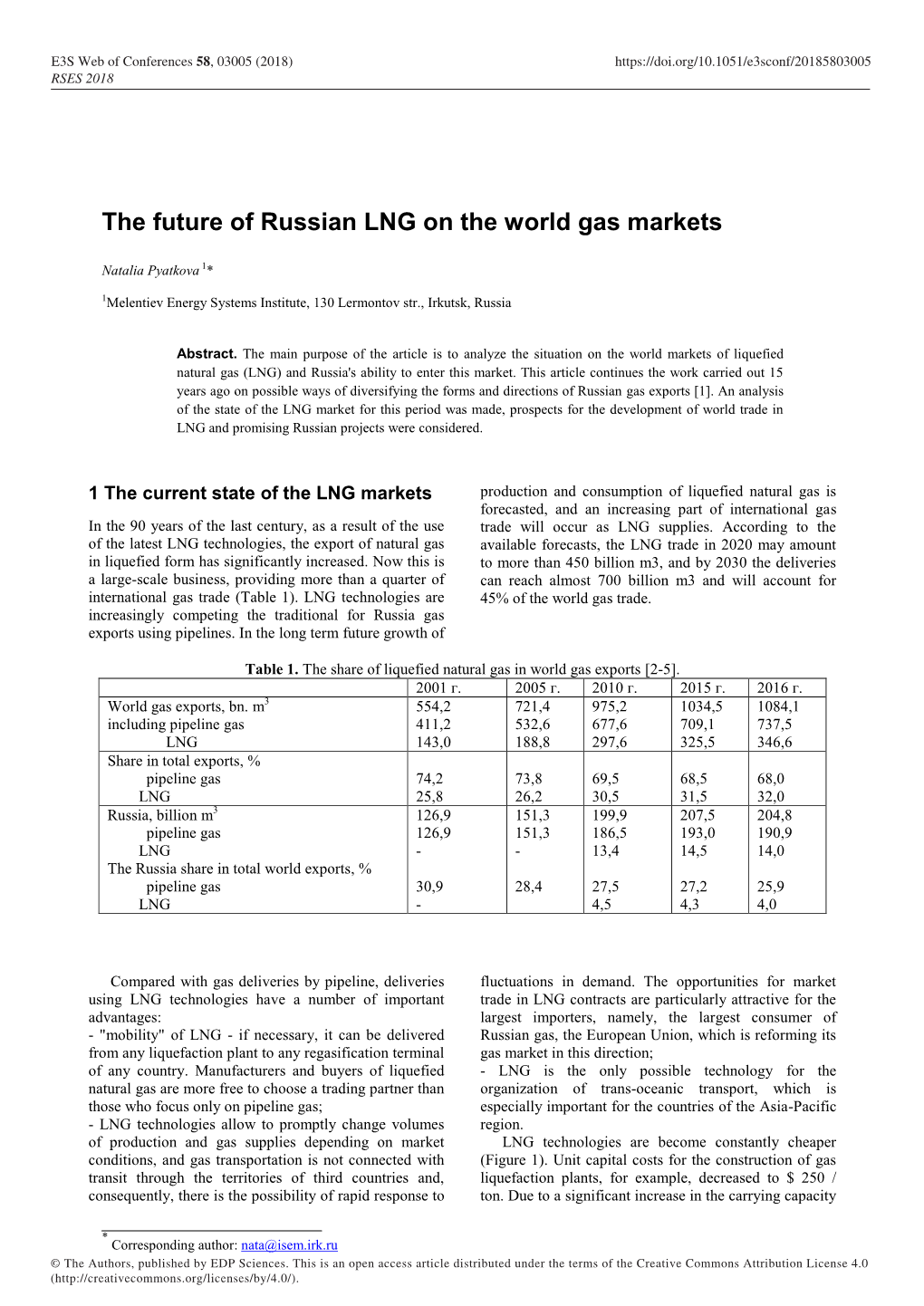 The Future of Russian LNG on the World Gas Markets