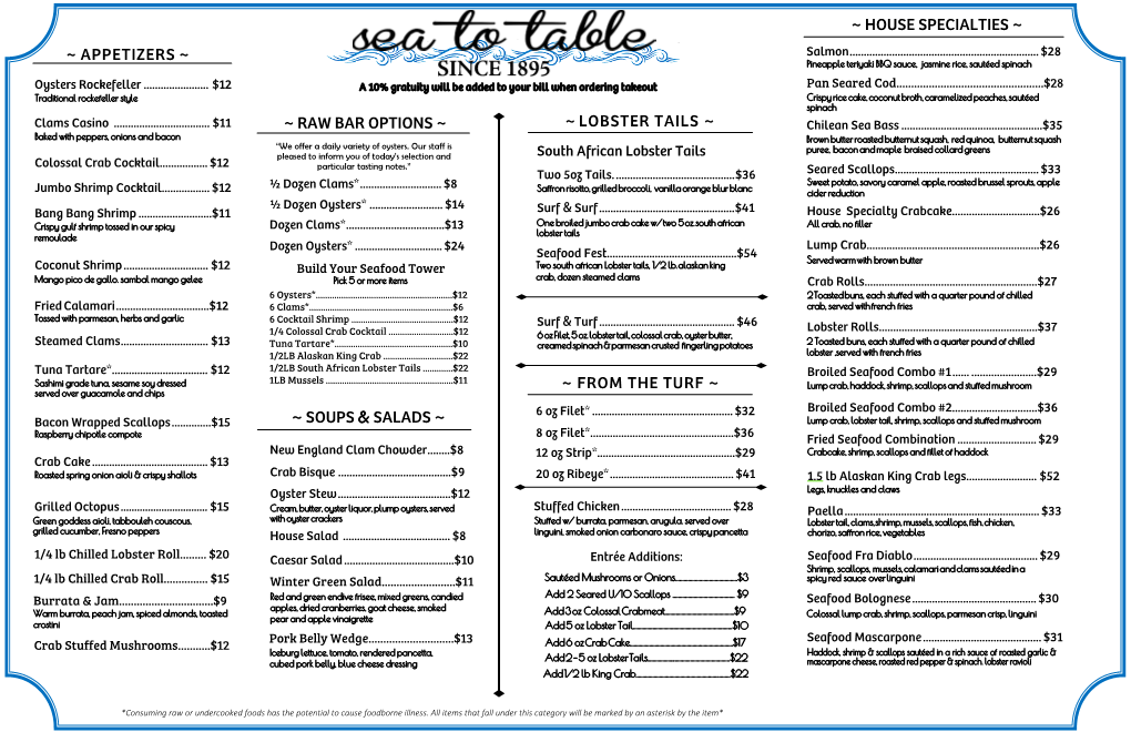 Lobster Tails ~ ~ Raw Bar Options ~ ~ Soups & Salads