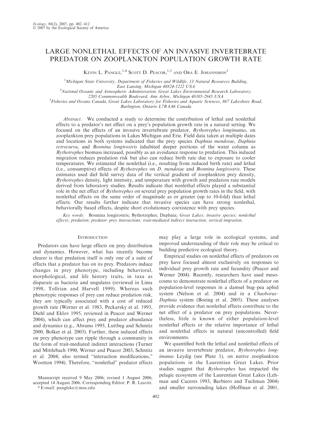 Large Nonlethal Effects of an Invasive Invertebrate Predator on Zooplankton Population Growth Rate