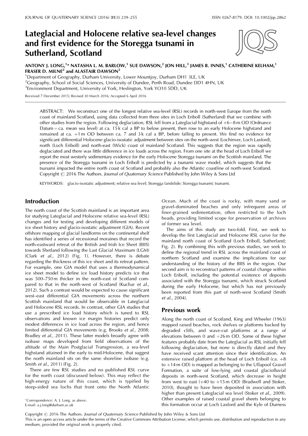 Lateglacial and Holocene Relative Sea-Level Changes and ﬁrst Evidence for the Storegga Tsunami in Sutherland, Scotland