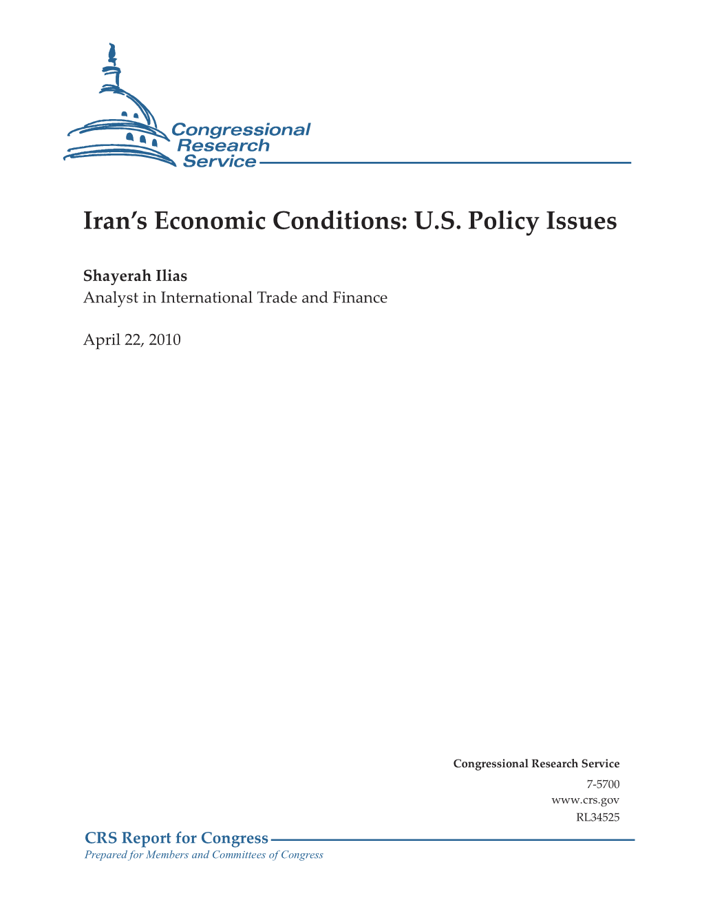 Iran's Economic Conditions: U.S. Policy Issues