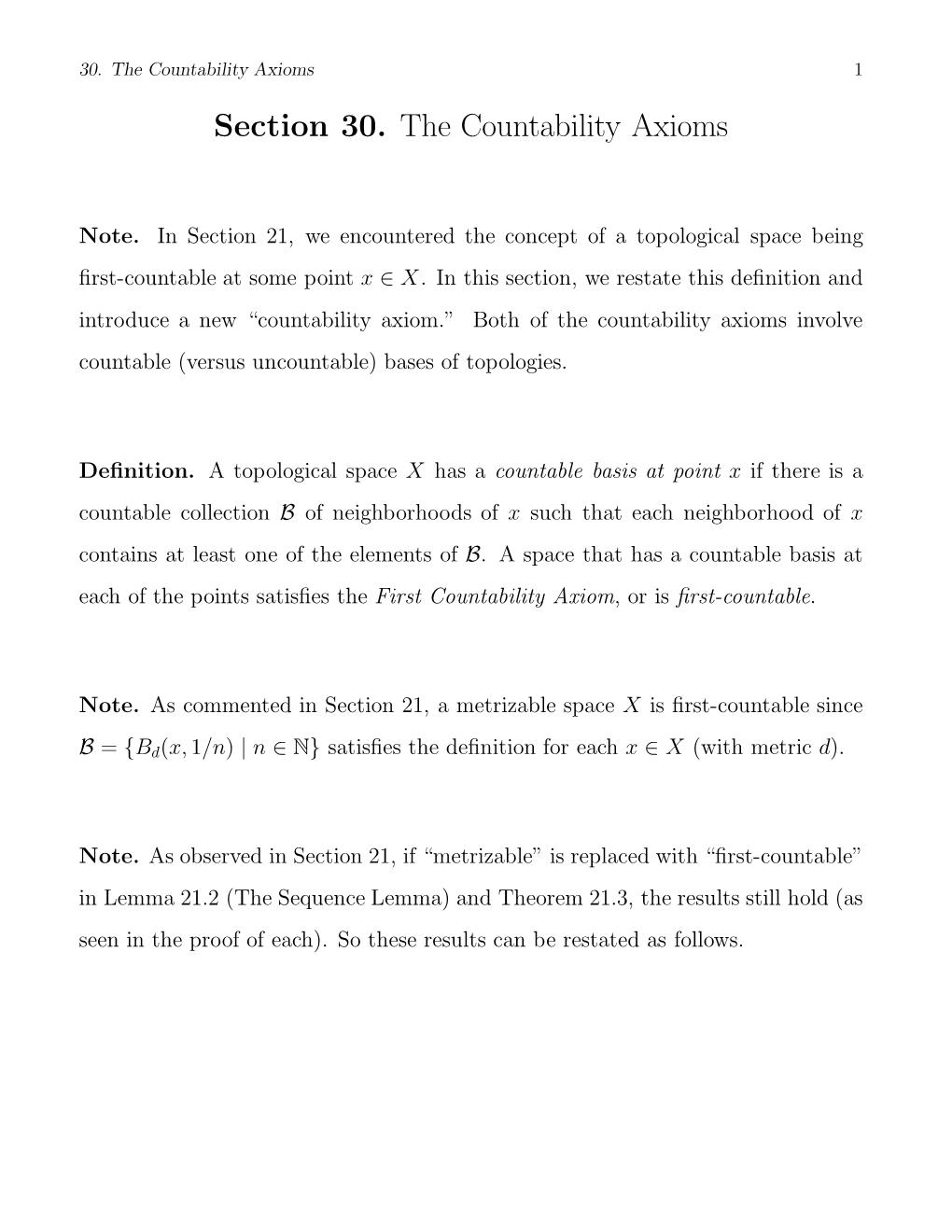 Section 30. the Countability Axioms