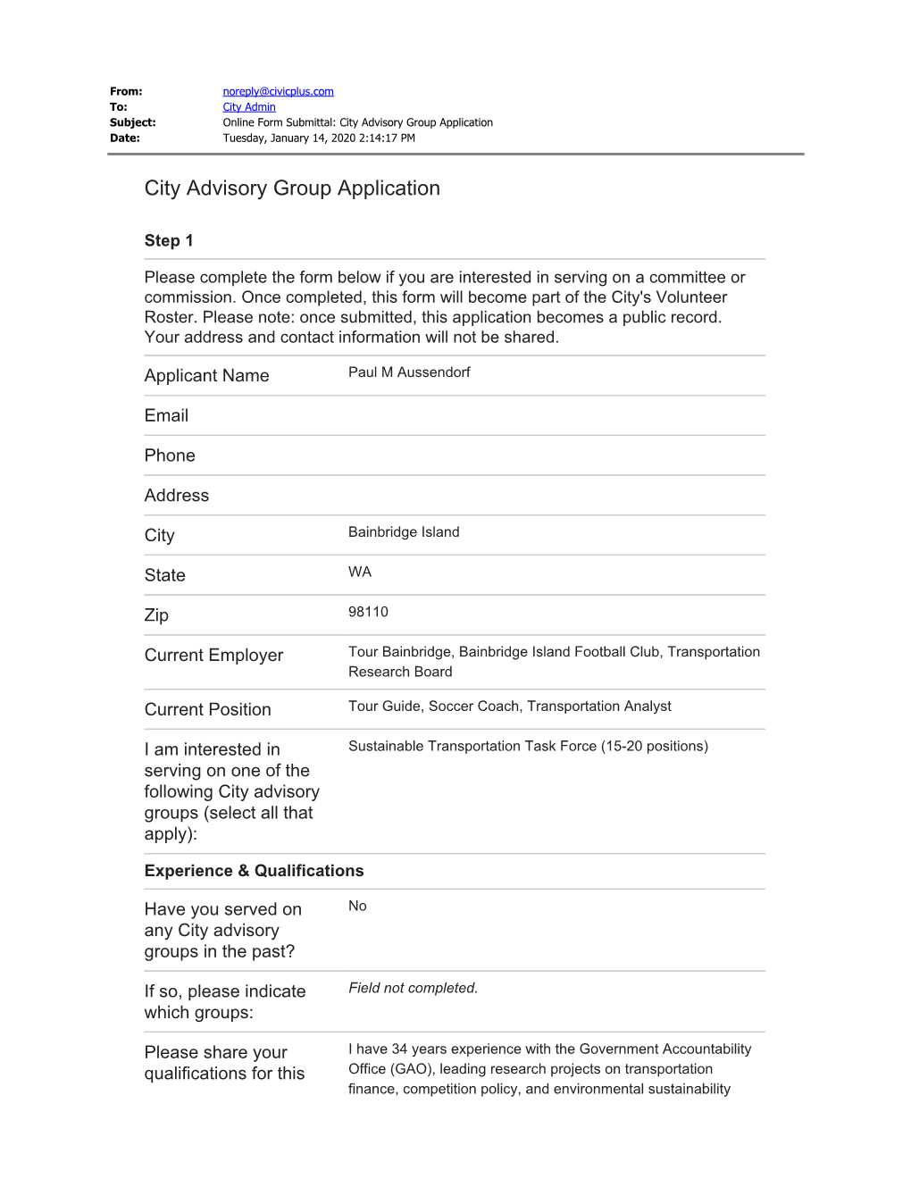 Sustainable Transportation Task Force (15-20 Positions) Serving on One of the Following City Advisory Groups (Select All That Apply)