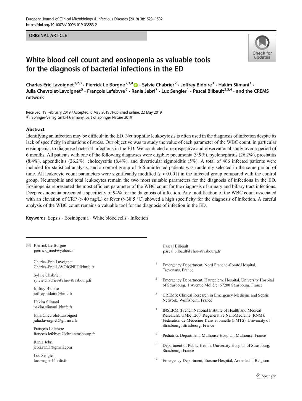 White Blood Cell Count and Eosinopenia As Valuable Tools for the Diagnosis of Bacterial Infections in the ED