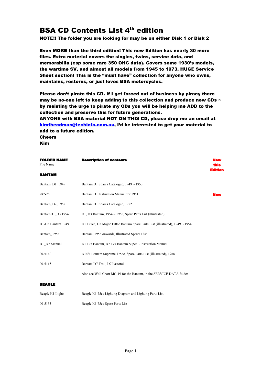 BSA CD Contents List 4Th Edition NOTE!! the Folder You Are Looking for May Be on Either Disk 1 Or Disk 2
