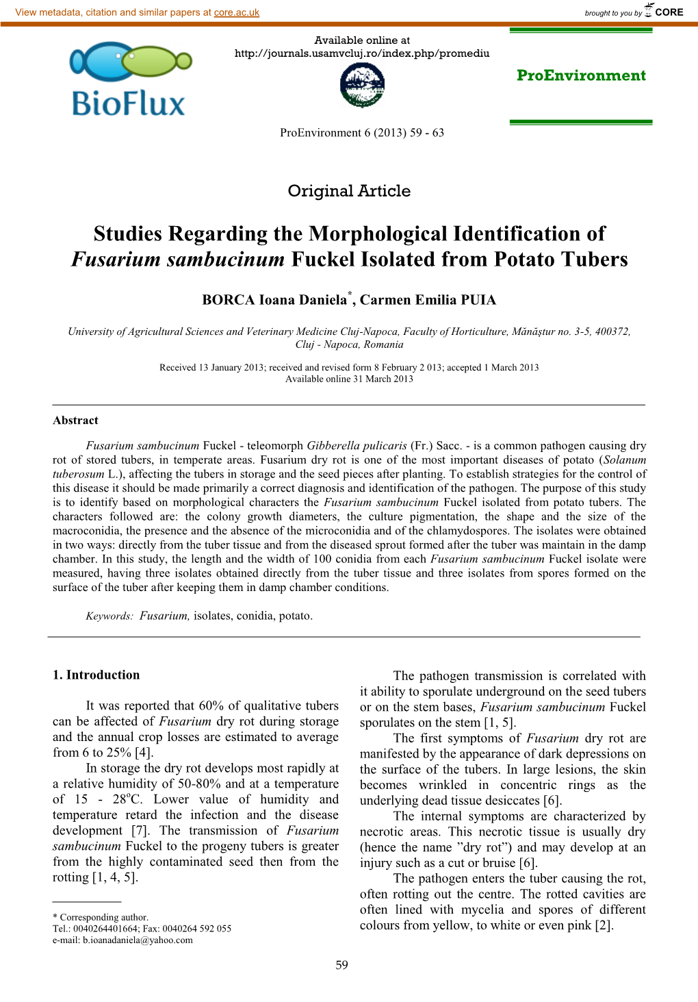 Studies Regarding the Morphological Identification of Fusarium Sambucinum Fuckel Isolated from Potato Tubers