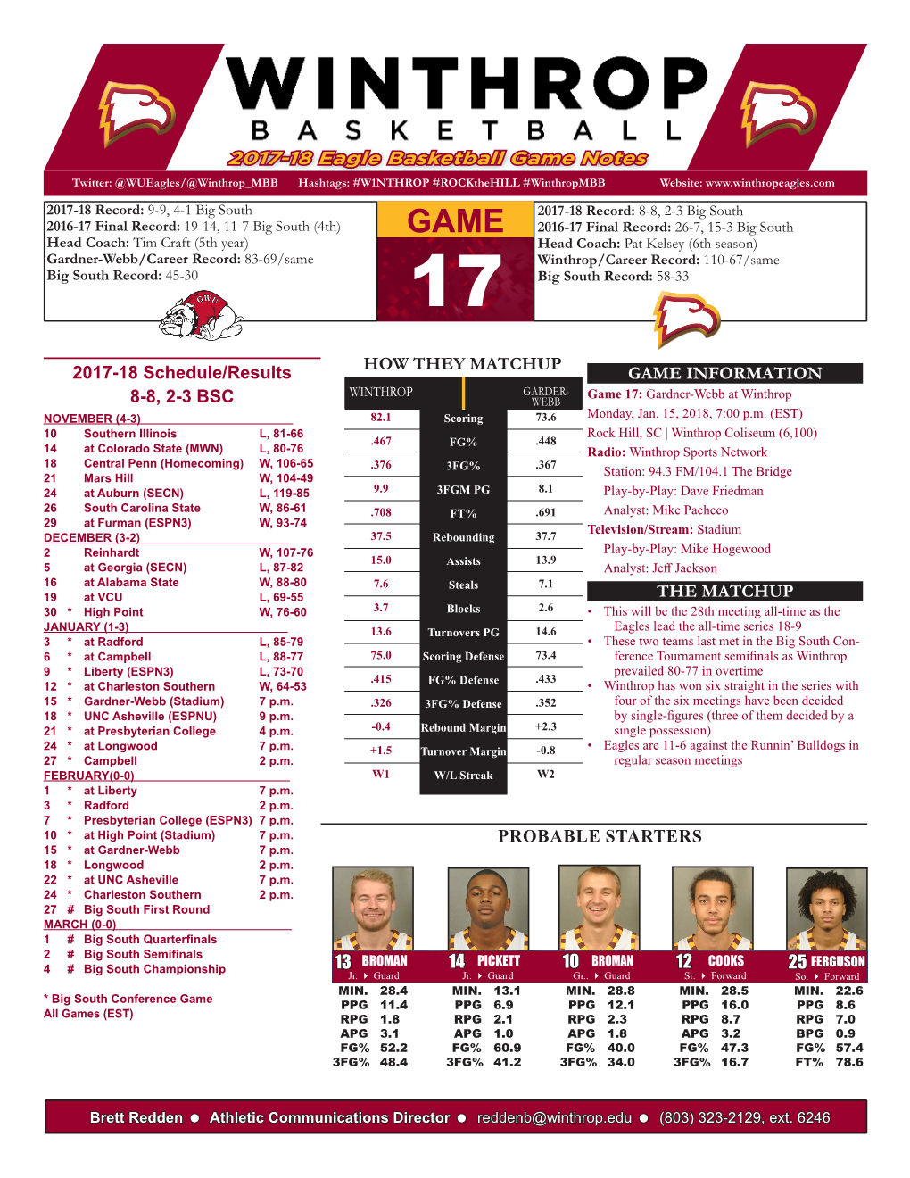 2017-18 Eagle Basketball Game Notes Twitter: @Wueagles/@Winthrop MBB Hashtags: #W1NTHROP #Rockthehill #Winthropmbb Website