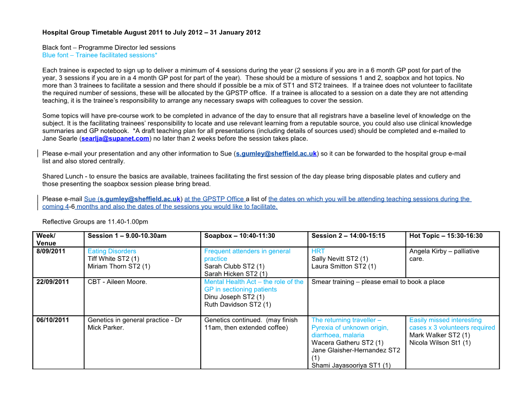 Hospital Group Timetable August 2011 to July 2012 31 January 2012