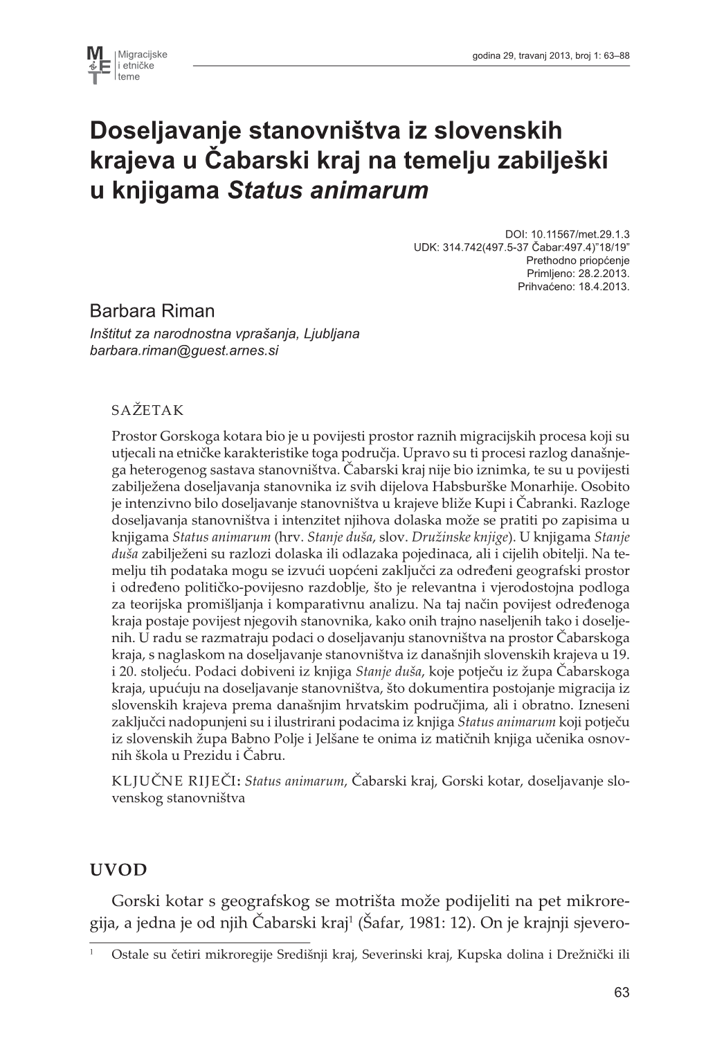 Doseljavanje Stanovništva Iz Slovenskih Krajeva U Čabarski Kraj Na Temelju Zabilješki U Knjigama Status Animarum