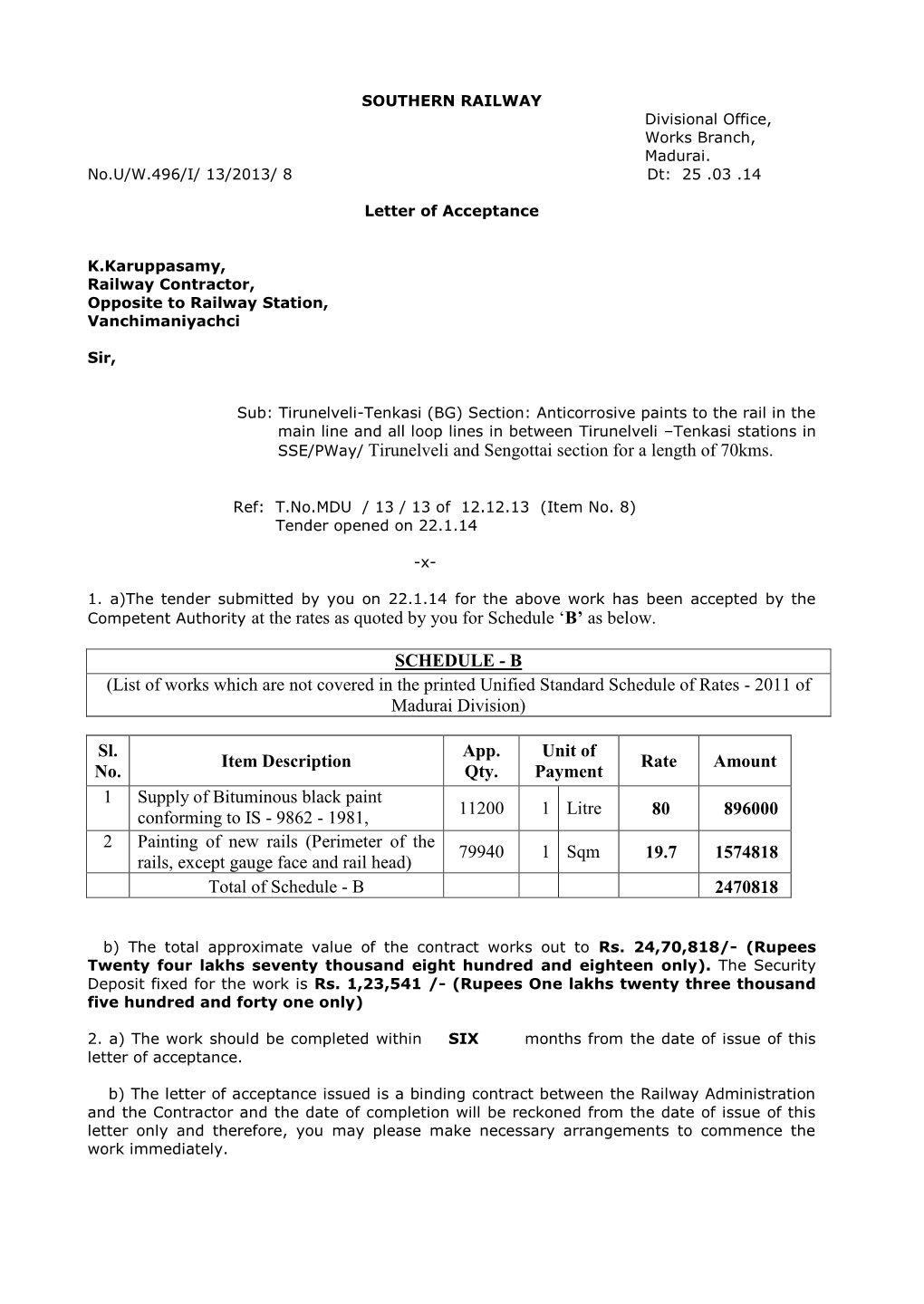 Tirunelveli and Sengottai Section for a Length of 70Kms. Competent