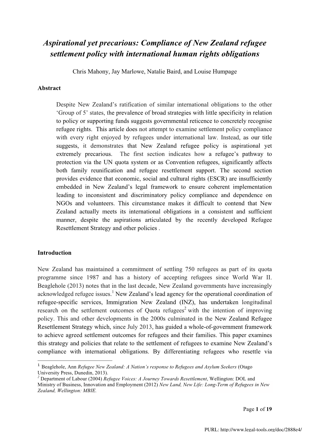 Aspirational Yet Precarious: Compliance of New Zealand Refugee Settlement Policy with International Human Rights Obligations