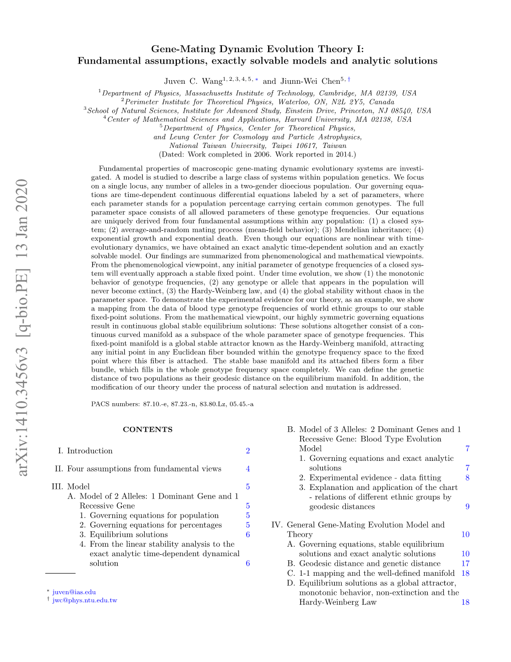 Gene-Mating Dynamic Evolution Theory I: Fundamental Assumptions, Exactly Solvable Models and Analytic Solutions