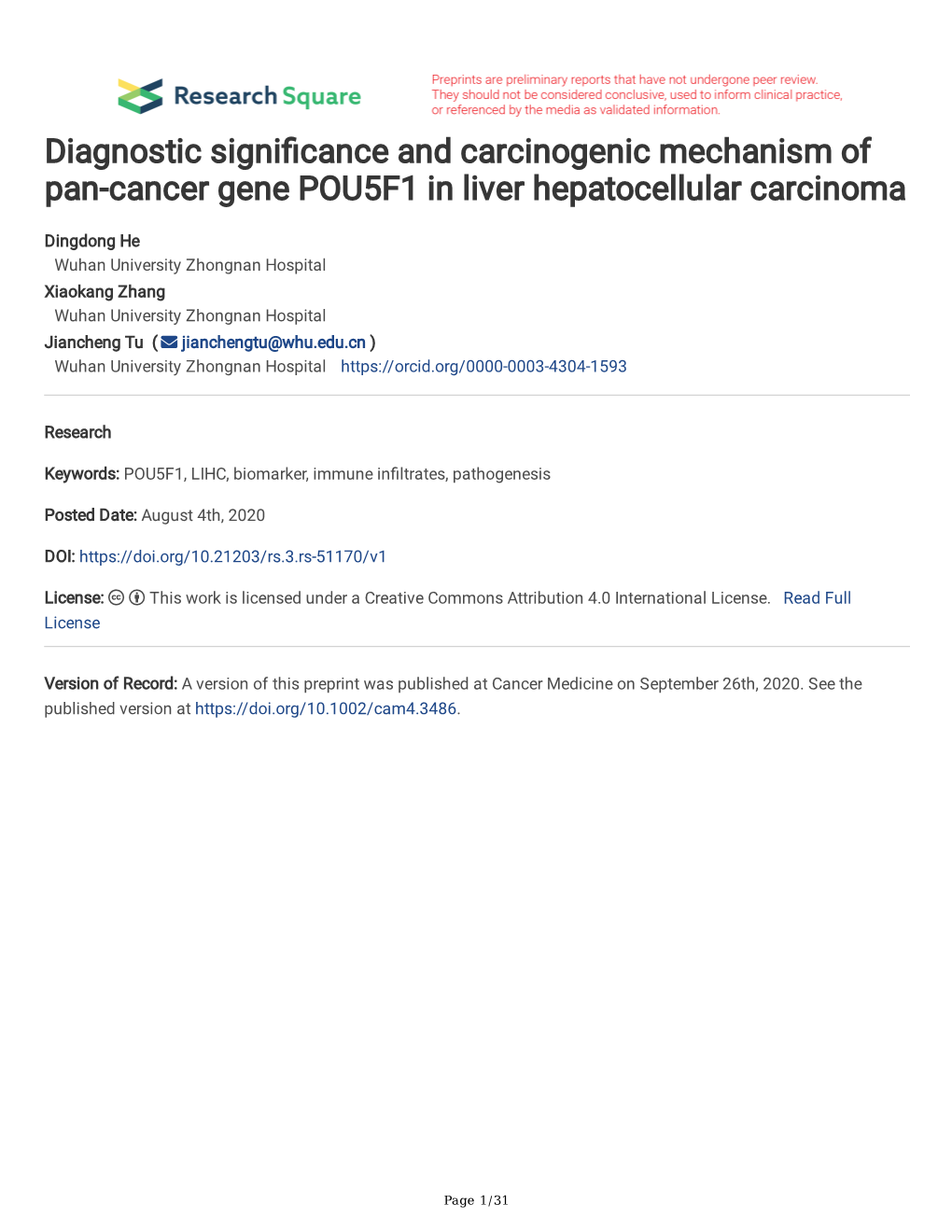 Diagnostic Signi Cance and Carcinogenic Mechanism of Pan